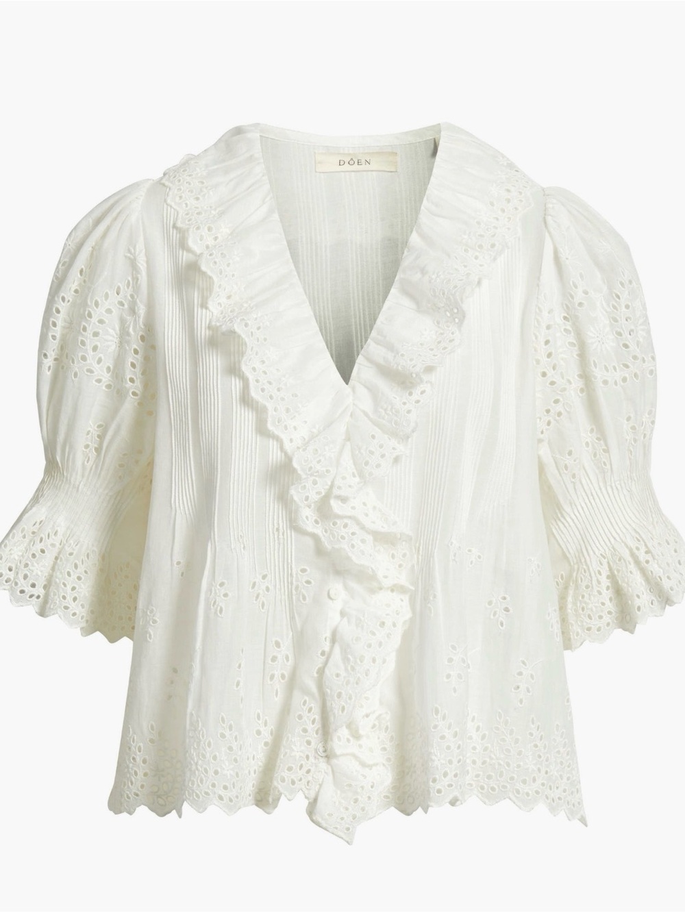 Doen Henri salt White Eyelet Ruffled V-Neck Cotton Blouse shirt voile top M